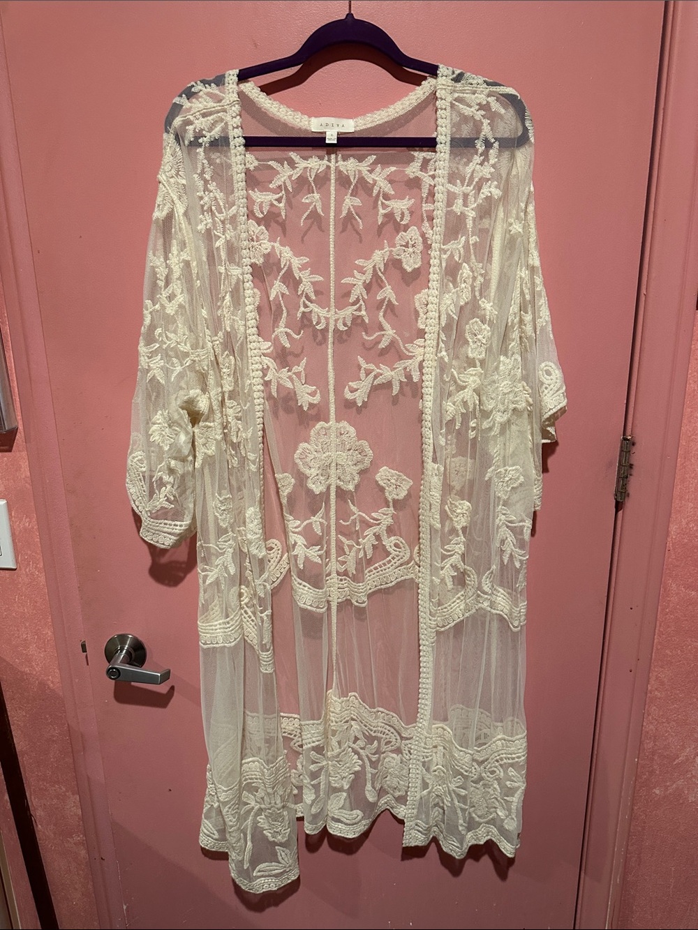 Adiva Sheer Floral Embroidered Kimono - Cream